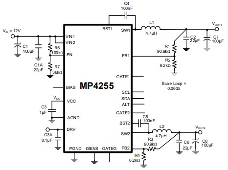 Application Circuit Diagram - Monolithic Power Systems (MPS) MP4255 Dual-Channel Buck Converters